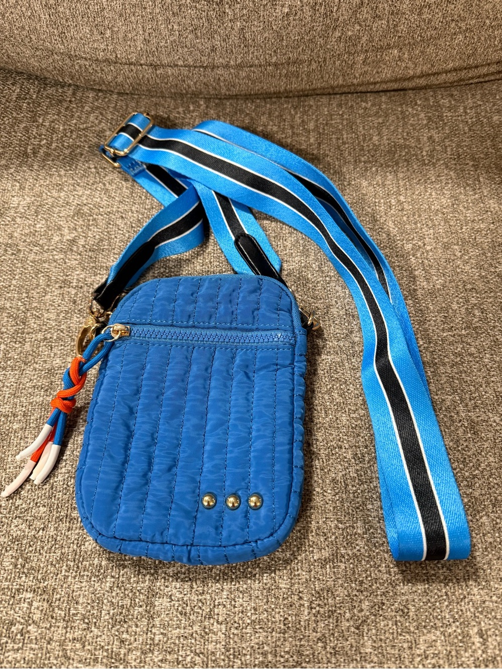 Quilted Blue Crossbody Phone Pouch with Striped Strap